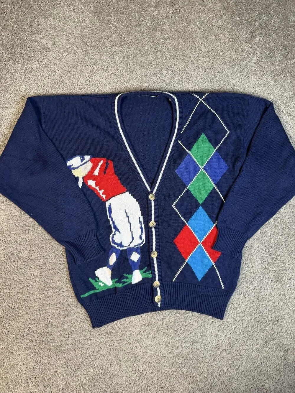 VTG John Ashford Golf Sweater Mens L Blue Argyle V-Neck Cotton Cardigan Pockets